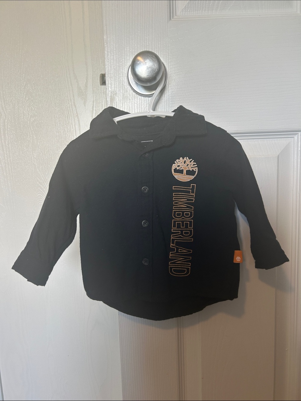 Timberland Black Button-Front Kids Long-Sleeve Shirt with Tan Logo